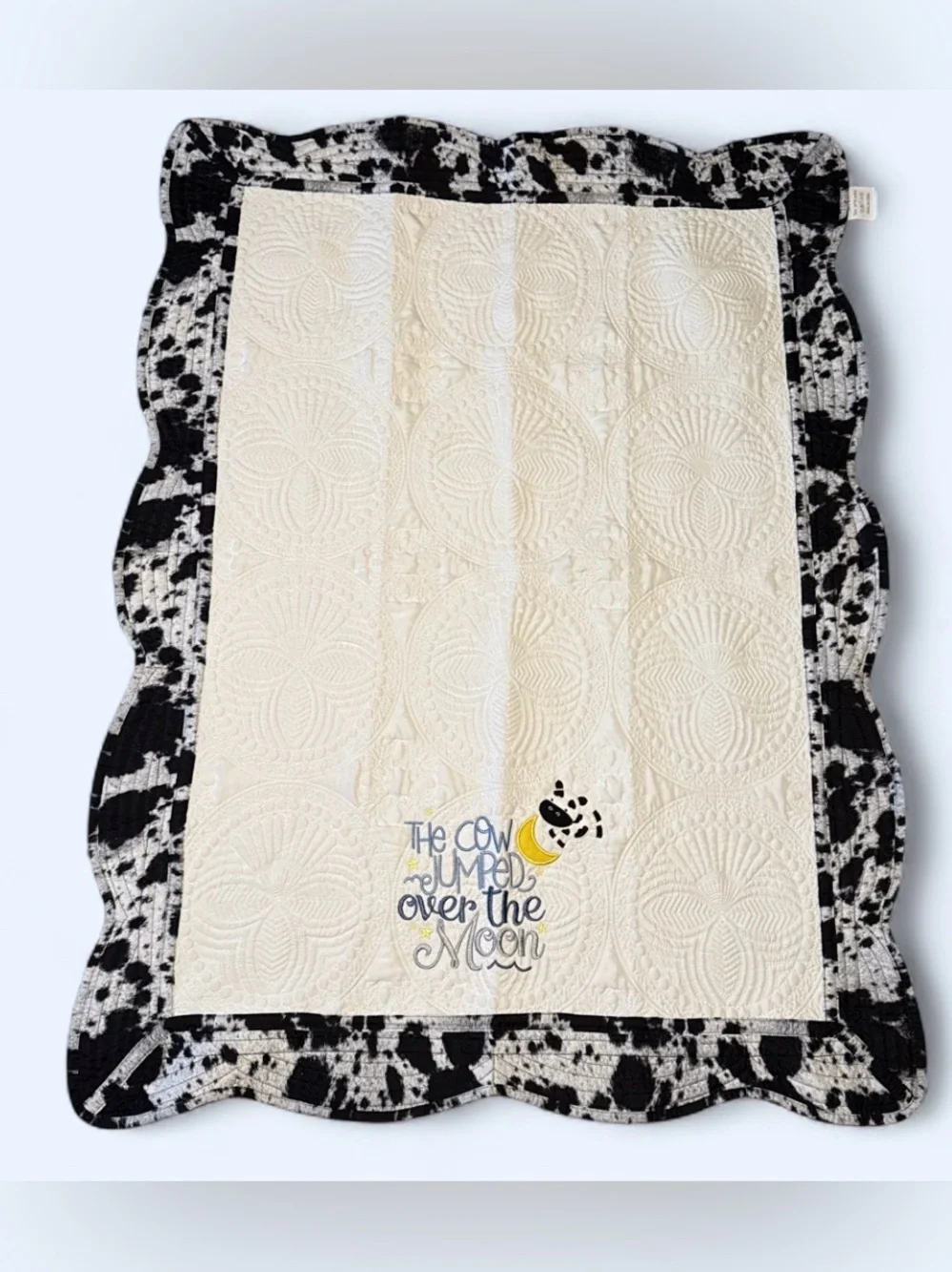 Cow print embroidered baby quilt handmade